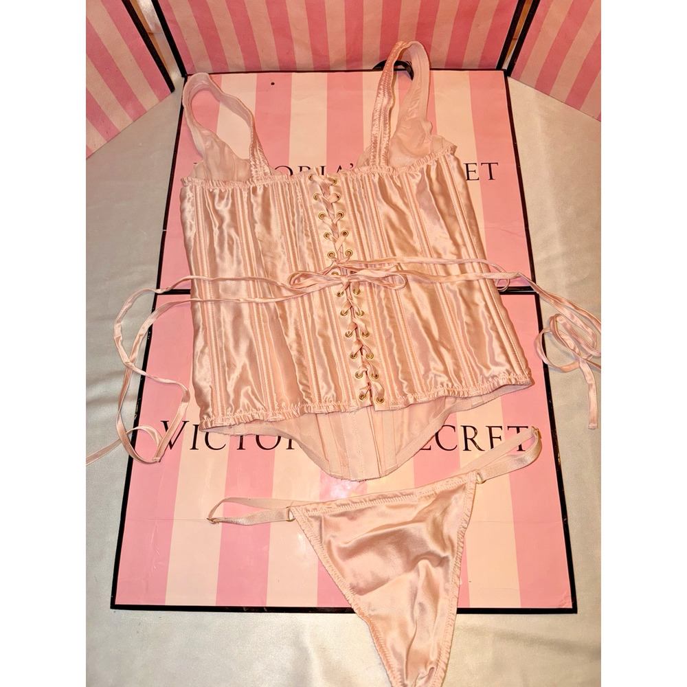 Victorias Secret Silk Corset Lace Up & Thong Pale Pink Beautiful Medium - Picture 4 of 6